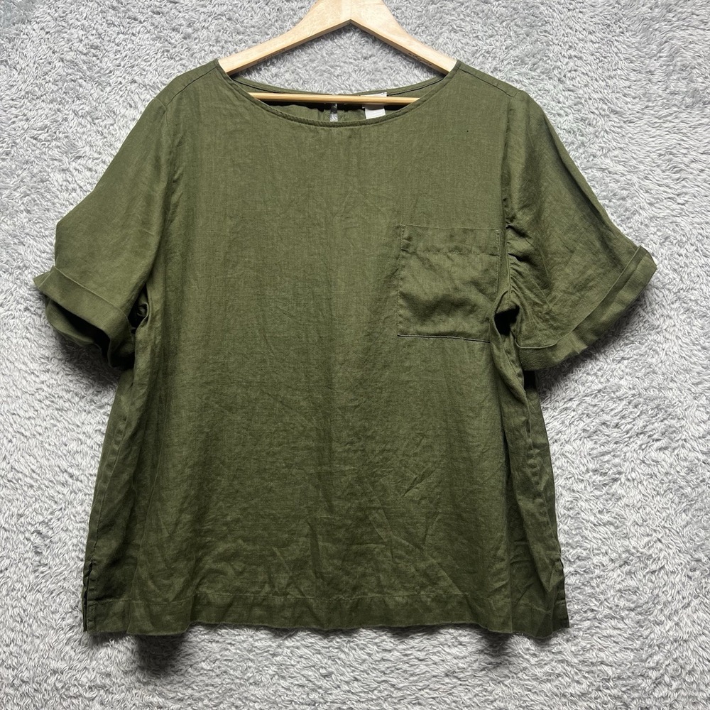 Chicos Linen Top Womens 4 US 20/22 2X Olive Green Relaxed Chest Pocket Lagenlook